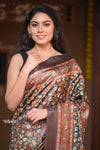 Raaga~ Classic Brown Handloom Pure Desi Tussar Silk with Kalamkari and Floral Prints - verymuchindian.com