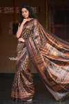 Raaga~ Classic Brown Handloom Pure Desi Tussar Silk with Kalamkari and Floral Prints - verymuchindian.com