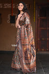 Raaga~ Classic Brown Handloom Pure Desi Tussar Silk with Kalamkari and Floral Prints - verymuchindian.com