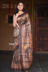 Raaga~ Classic Brown Handloom Pure Desi Tussar Silk with Kalamkari and Floral Prints - verymuchindian.com