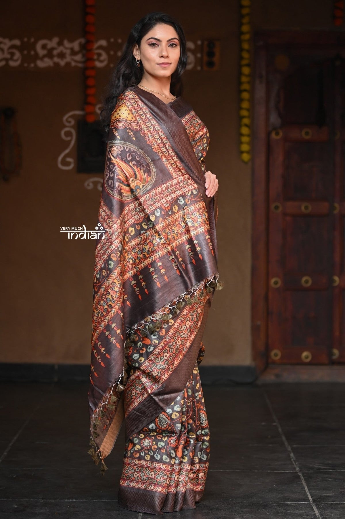 Raaga~ Classic Brown Handloom Pure Desi Tussar Silk with Kalamkari and Floral Prints - verymuchindian.com