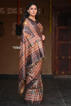 Raaga~ Classic Brown Handloom Pure Desi Tussar Silk with Kalamkari and Floral Prints - verymuchindian.com