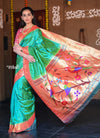 Raaga Exclusive ~ Muniya Border Traditional Handloom Pure Silk Sea Green Paithani with Parrots Pallu - verymuchindian.com