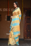 Raaga Exquisite Golden Pure Tissue Saree With Sea Blue - verymuchindian.com
