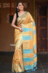 Raaga Exquisite Golden Pure Tissue Saree With Sea Blue - verymuchindian.com