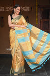 Raaga Exquisite Golden Pure Tissue Saree With Sea Blue - verymuchindian.com