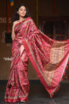 Raaga~ Ferrous Red Handloom Pure Tussar Silk with Floral Prints - verymuchindian.com