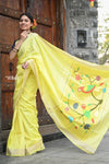 Raaga~ Traditional Handloom Pure Cotton Fresh Yellow Paithani with Parrots Pallu - verymuchindian.com