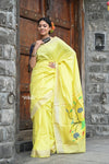 Raaga~ Traditional Handloom Pure Cotton Fresh Yellow Paithani with Parrots Pallu - verymuchindian.com