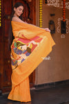 Raaga~ Traditional Handloom Pure Cotton Turmeric Yellow Paithani with Unique Radha Krishna Pallu(Shipping in 7 days) - verymuchindian.com