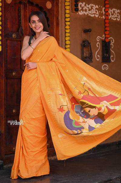 Radha Krishna~ Traditional Handloom Pure Cotton Turmeric Yellow Paithani with Unique Radha Krishna Pallu(Shipping in 7 days)