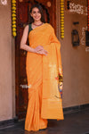 Raaga~ Traditional Handloom Pure Cotton Turmeric Yellow Paithani with Unique Radha Krishna Pallu(Shipping in 7 days) - verymuchindian.com