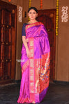 Raaga~ Traditional Handloom Pure Silk Gleaming Violet Paithani with Pink Border and Traditional Pallu - verymuchindian.com