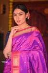 Raaga~ Traditional Handloom Pure Silk Gleaming Violet Paithani with Pink Border and Traditional Pallu - verymuchindian.com