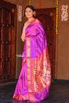 Raaga~ Traditional Handloom Pure Silk Gleaming Violet Paithani with Pink Border and Traditional Pallu - verymuchindian.com