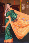 Raaga~ Traditional Handloom Pure Silk Royal Green Paithani with Orange Border and Unique Pallu. - verymuchindian.com