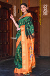 Raaga~ Traditional Handloom Pure Silk Royal Green Paithani with Orange Border and Unique Pallu. - verymuchindian.com