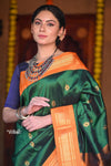 Raaga~ Traditional Handloom Pure Silk Royal Green Paithani with Orange Border and Unique Pallu. - verymuchindian.com