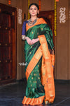 Raaga~ Traditional Handloom Pure Silk Royal Green Paithani with Orange Border and Unique Pallu. - verymuchindian.com
