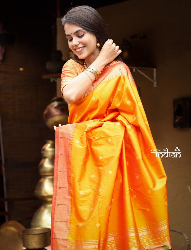 Radha Krishna ~ Bestseller! Authentic Handloom, Beautiful Golden Yellow, Pure Silk Muniya Border Paithani with Radha Krishna Pallu(High Quality Silk) - verymuchindian.com