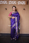 Rajsi~ Authentic Pure Silk Handloom Maharani Paithani - Deep Indigo Blue with Silver Zari, High Quality Silk - verymuchindian.com