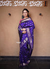 Rajsi~ Authentic Pure Silk Handloom Maharani Paithani - Deep Indigo Blue with Silver Zari, High Quality Silk - verymuchindian.com