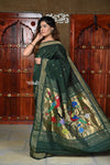 Rajsi~ Pure Cotton Handloom - Rich Forest Green with Rich Golden Border - verymuchindian.com