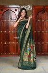 Rajsi~ Pure Cotton Handloom - Rich Forest Green with Rich Golden Border - verymuchindian.com