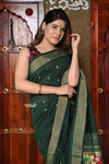 Rajsi~ Pure Cotton Handloom - Rich Forest Green with Rich Golden Border - verymuchindian.com