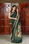 Rajsi~ Pure Cotton Handloom - Rich Forest Green with Rich Golden Border - verymuchindian.com