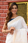 Rajsi~ Pure Cotton Handloom with Lotus Pallu - White with Subtle Golden Border - verymuchindian.com