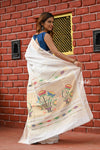 Rajsi~ Pure Cotton Handloom with Lotus Pallu - White with Subtle Golden Border - verymuchindian.com
