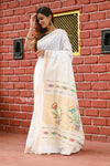 Rajsi~ Pure Cotton Handloom with Lotus Pallu - White with Subtle Golden Border - verymuchindian.com