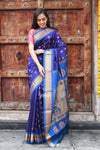Rajsi~ Pure Silk Handloom - Maharani Paithani in a beautiful combination of Dark Blue with Turquoise (Available in Peacock Buttis with Meenawork) - verymuchindian.com