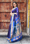 Rajsi~ Pure Silk Handloom - Maharani Paithani in a beautiful combination of Dark Blue with Turquoise (Available in Peacock Buttis with Meenawork) - verymuchindian.com