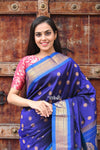 Rajsi~ Pure Silk Handloom - Maharani Paithani in a beautiful combination of Dark Blue with Turquoise (Available in Peacock Buttis with Meenawork) - verymuchindian.com