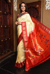 Rajsi~ Pure Silk Handloom Maharani Paithani in a perfect combination of Off White and Red. - verymuchindian.com