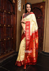 Rajsi~ Pure Silk Handloom Maharani Paithani in a perfect combination of Off White and Red. - verymuchindian.com