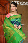 Rajsi~ Pure Silk Handloom - Maharani Paithani in Dual Tone Blue Green with Rich Lime Green Silk Border - verymuchindian.com