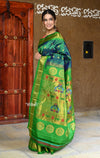 Rajsi~ Pure Silk Handloom - Maharani Paithani in Dual Tone Blue Green with Rich Lime Green Silk Border - verymuchindian.com