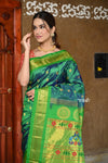 Rajsi~ Pure Silk Handloom - Maharani Paithani in Dual Tone Blue Green with Rich Lime Green Silk Border - verymuchindian.com