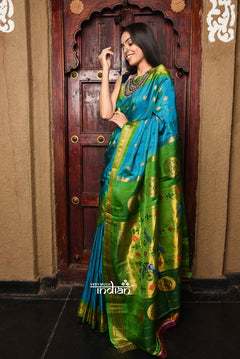 Rajsi~ Pure Silk Handloom Maharani Paithani in Turquoise Blue with a Vibrant Green & Golden Pallu. - verymuchindian.com