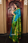 Rajsi~ Pure Silk Handloom Maharani Paithani in Turquoise Blue with a Vibrant Green & Golden Pallu. - verymuchindian.com