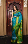 Rajsi~ Pure Silk Handloom Maharani Paithani in Turquoise Blue with a Vibrant Green & Golden Pallu. - verymuchindian.com