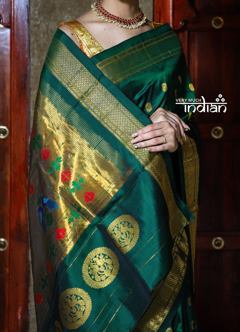 Rajsi~ Pure Silk Handloom - Maharani Paithani Solid Green and Golden Border, High Quality Pure Silk - verymuchindian.com