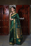 Rajsi~ Pure Silk Handloom - Maharani Paithani Solid Green and Golden Border, High Quality Pure Silk - verymuchindian.com