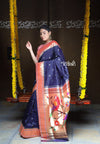 Rajsi~ Pure Silk Handloom - Muniya Border in Navy Blue with Rich Coral Zari Border - verymuchindian.com