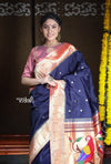 Rajsi~ Pure Silk Handloom - Muniya Border in Navy Blue with Rich Coral Zari Border - verymuchindian.com