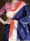 Rajsi~ Pure Silk Handloom - Muniya Border in Navy Blue with Rich Coral Zari Border - verymuchindian.com