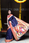 Rajsi~ Pure Silk Handloom - Muniya Border in Navy Blue with Rich Coral Zari Border - verymuchindian.com